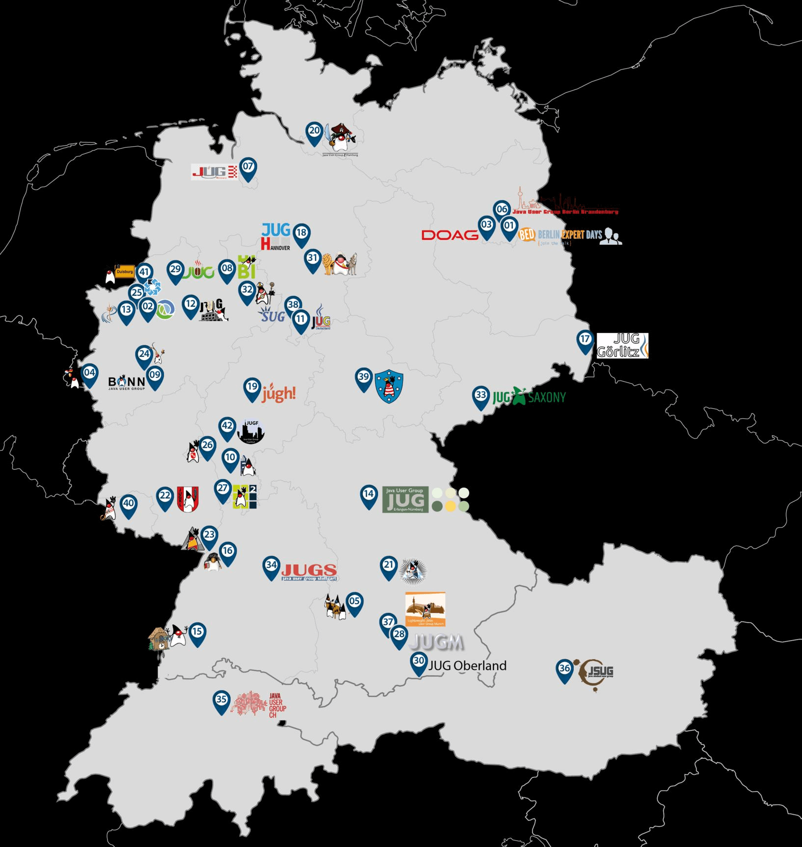 Overview Java User Groups in Germany, Austria and Switzerland - Source: iJUG