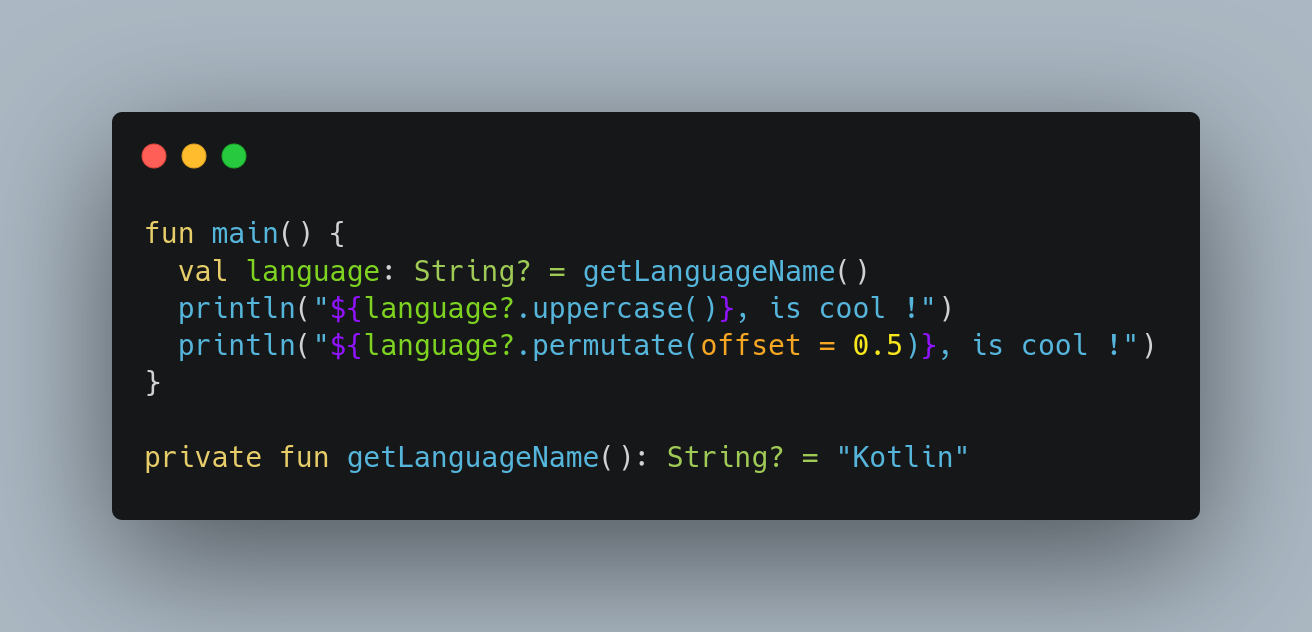 Prints ‘Kotlin’ in uppercase and tries to permute it.