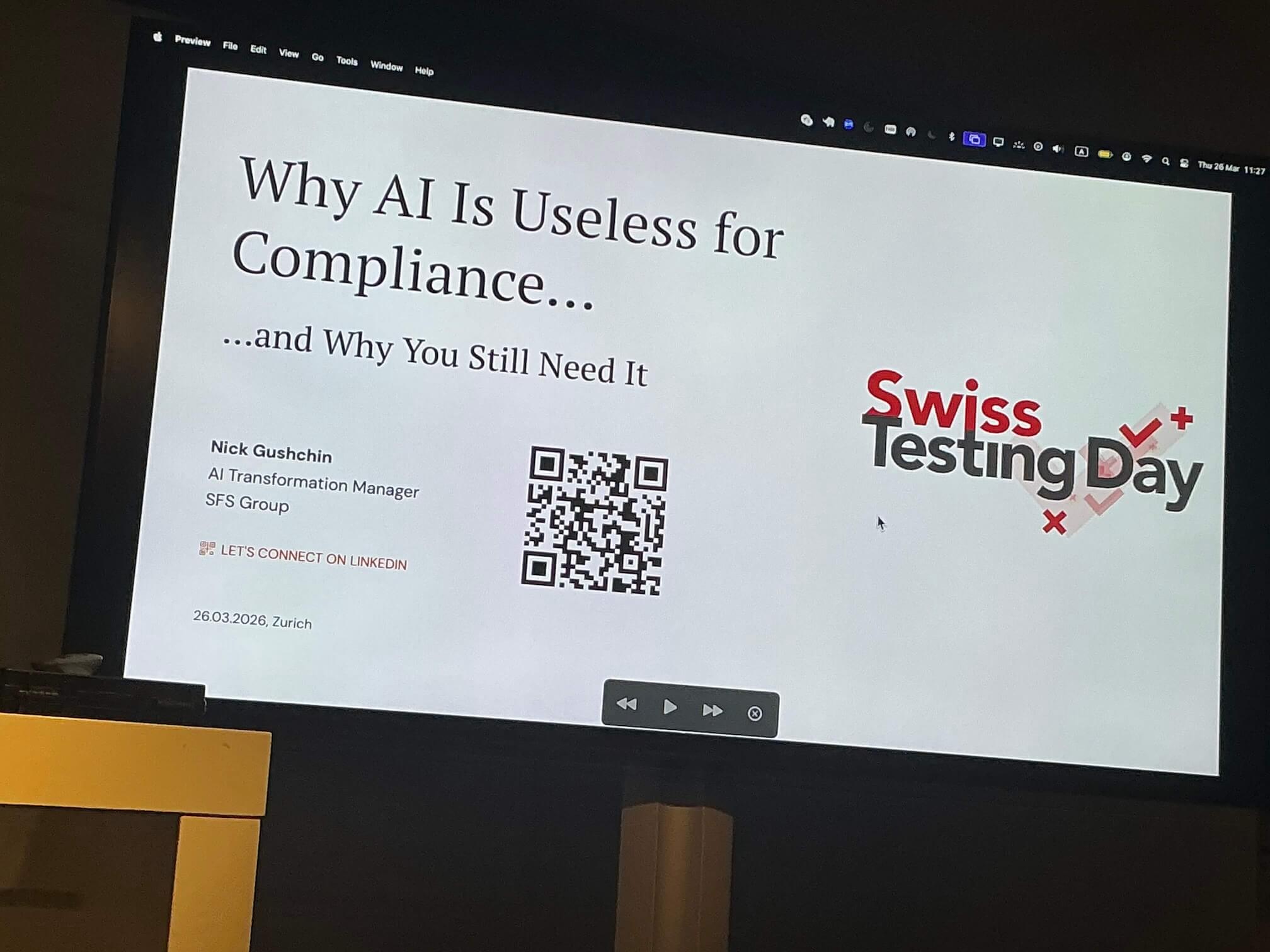 Opening slide of the talk "Why AI is useless for compliance"