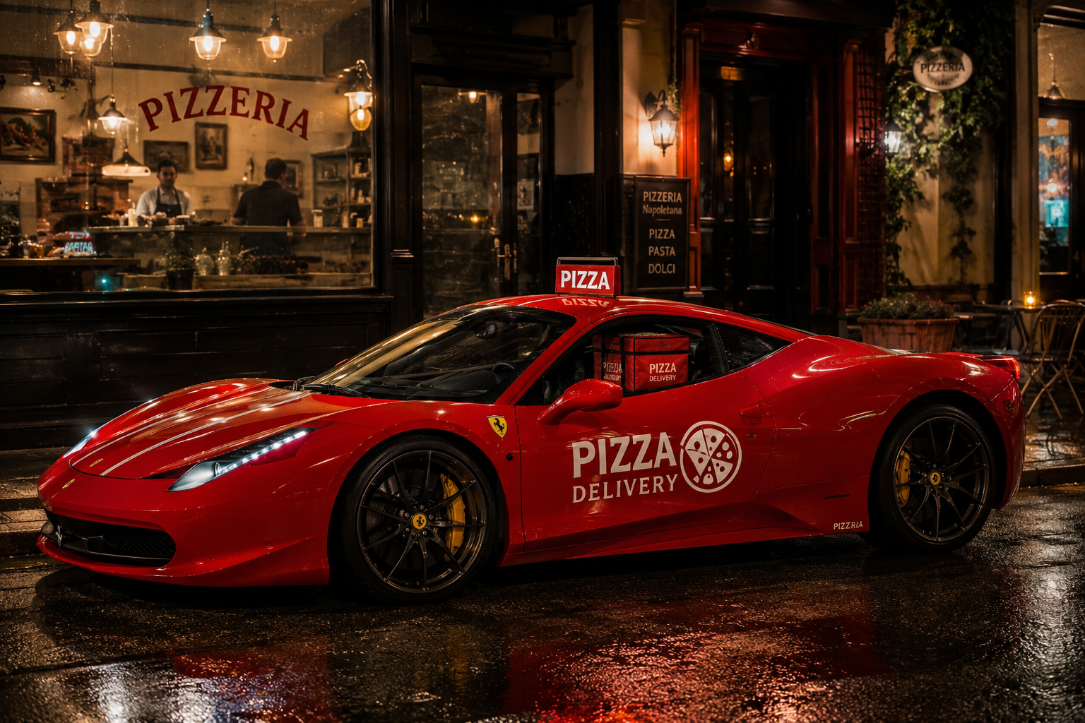 Red Ferrari branded as a pizza delivery vehicle parked outside a pizzeria at night.